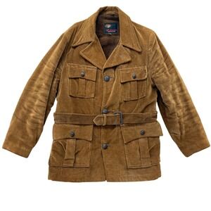 Richman Brothers Corduroy Safari Jacket Belted Faux Fur Lined 38 Brown field 70s